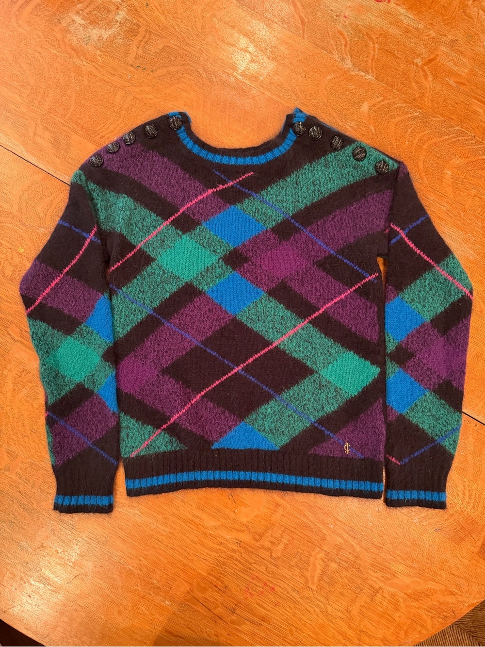 Y2K Juicy Couture Argyle Crewneck Sweater in Black, Purple & Teal